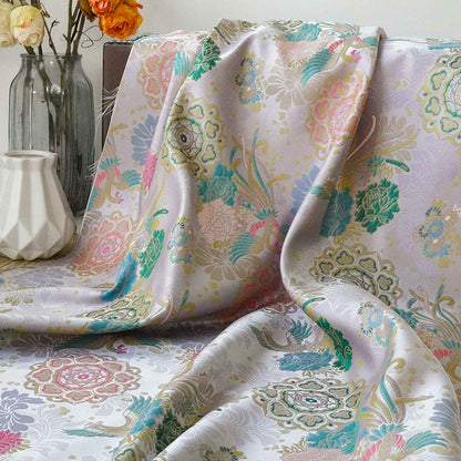 Beige Phoenix Song Brocade Fabric: 67"W Silk Rayon Blend