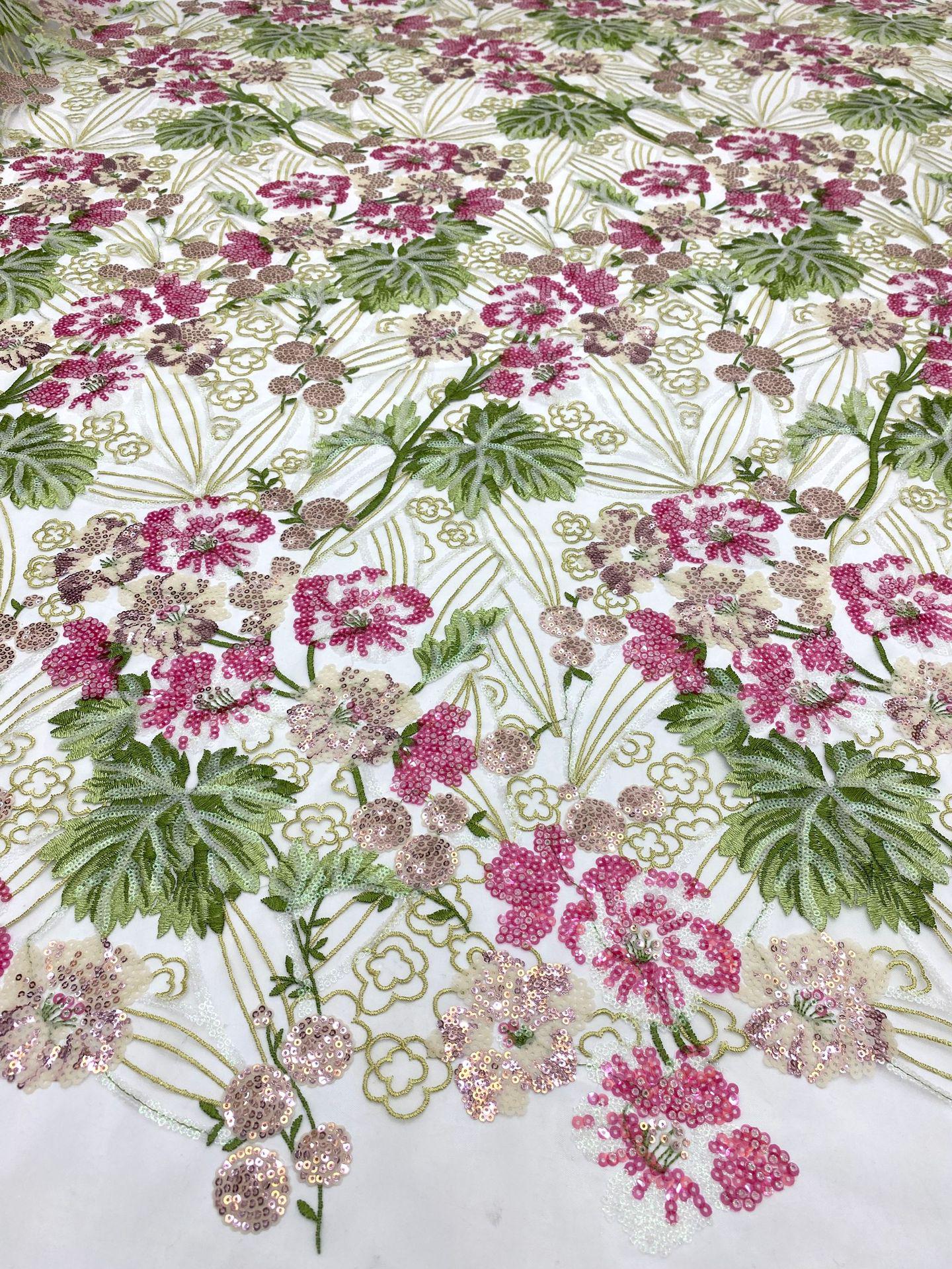 Peony Sequin Embroidery Fabric: Colorful Floral Dress Material (50"W)