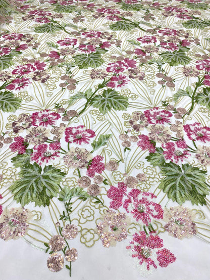 Peony Sequin Embroidery Fabric: Colorful Floral Dress Material (50"W)