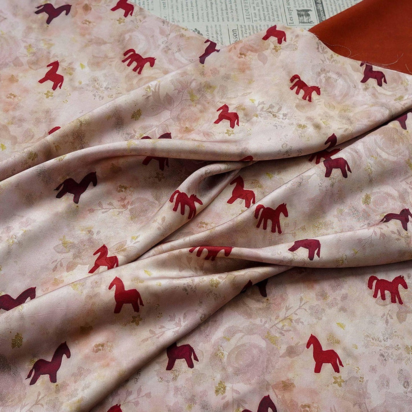 Horse Print Satin Fabric ��� Chinese Style Rose Dec"W