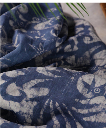 Tissu ramie imprimé totem bleu : fibre naturelle, 140 cm de large