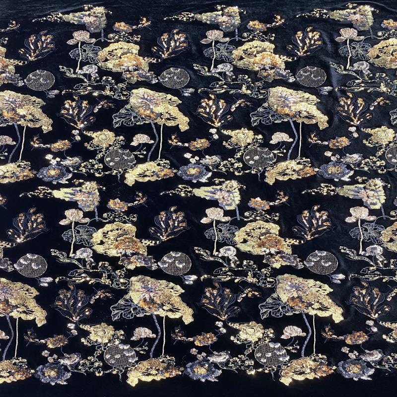 Vintage Sequined Velvet Fabric: Gold Metallic Embroidery, DIY Crafts (49" Wide)