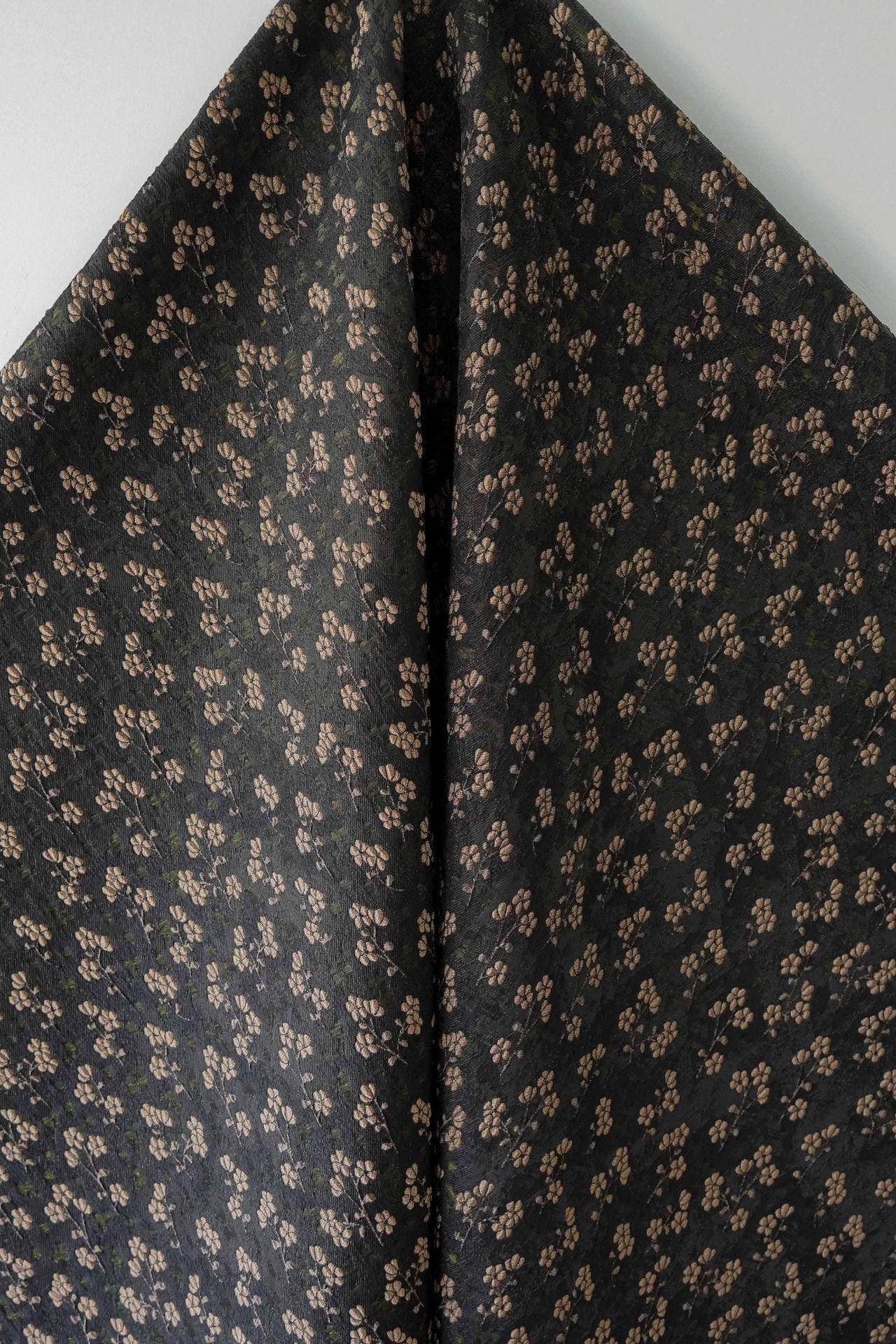 Vintage Jacquard Fabric with Black Base and Small Floral Pattern ��� Textured Brocade Cheongsam Materi"Wide