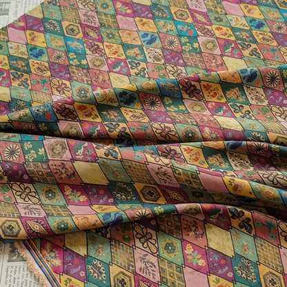 Floral Diamond Tea Satin Fabric, Dark Green Digital Print, 59" Wide