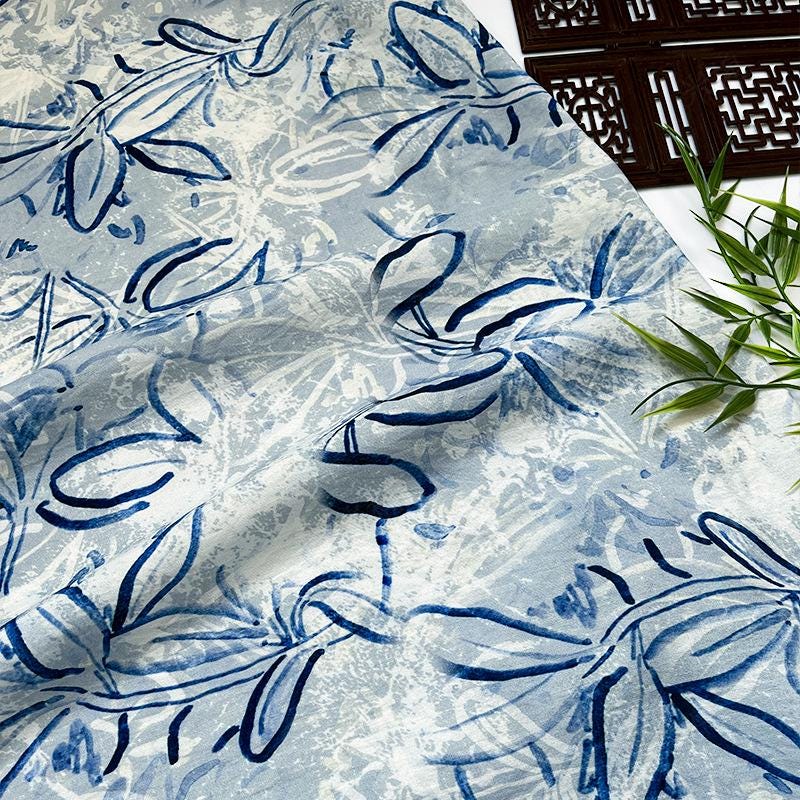Tissu satin de coton imprimé numérique bleu – Tissu doux pour robes, patchwork, couture DIY, loisirs créatifs, motifs floraux et abstraits, 59 cm