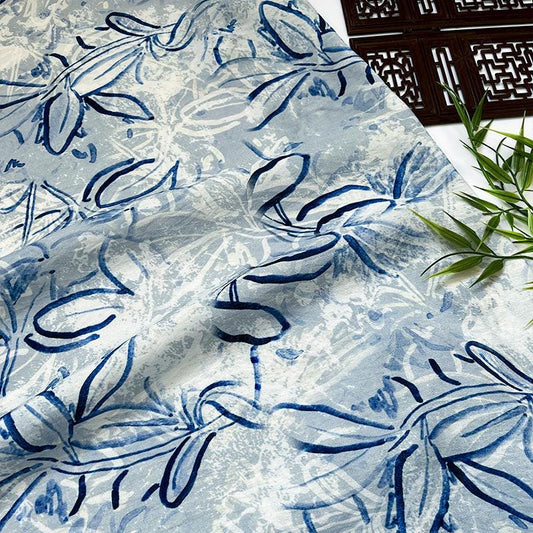 Tissu satin de coton imprimé numérique bleu – Tissu doux pour robes, patchwork, couture DIY, loisirs créatifs, motifs floraux et abstraits, 59 cm