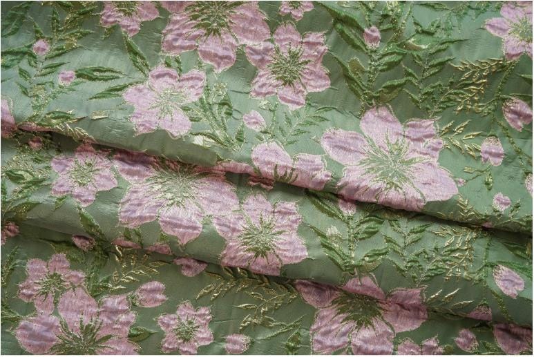 Gold Thread Jacquard Fabric: Pea Green 3D Designer Material - 58" Wide