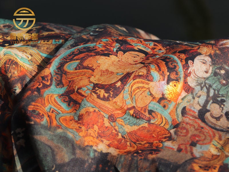 Dunhuang Fresco Buddha Linen Fabric: Asian Style Upholstery, Scarf, Curtain, Sewing (55"W)