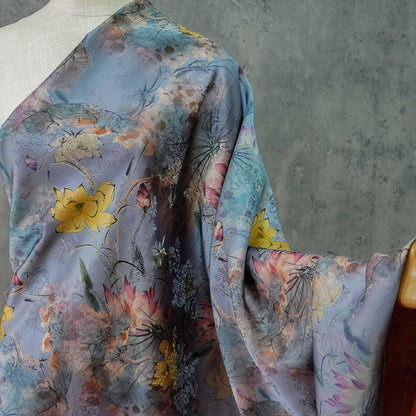 Lotus Flower Tea Silk Satin Fabric: Digital Print, 55" Wide