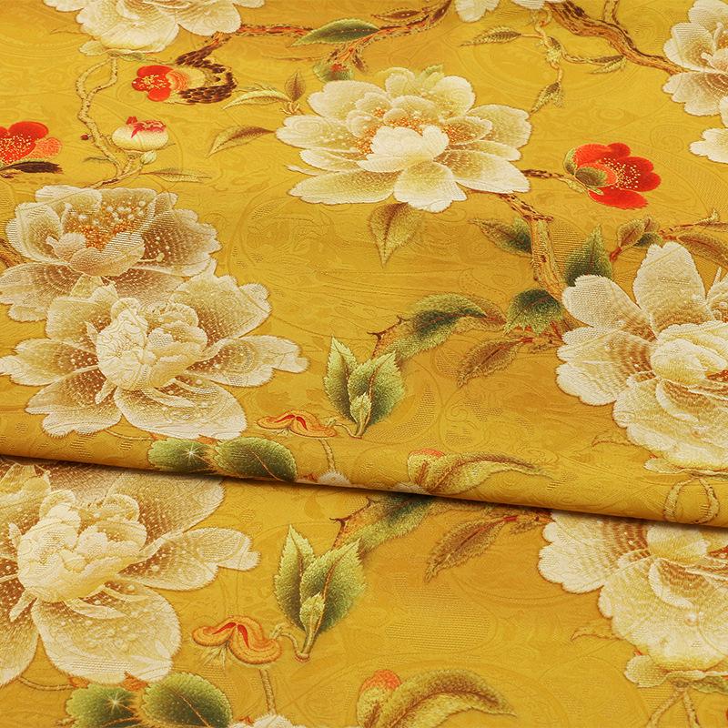 Golden Yellow Blossom Branch Lightweight Brocade Jacquard Fabric ��� Shiny Floral Material for Cheongsam & D