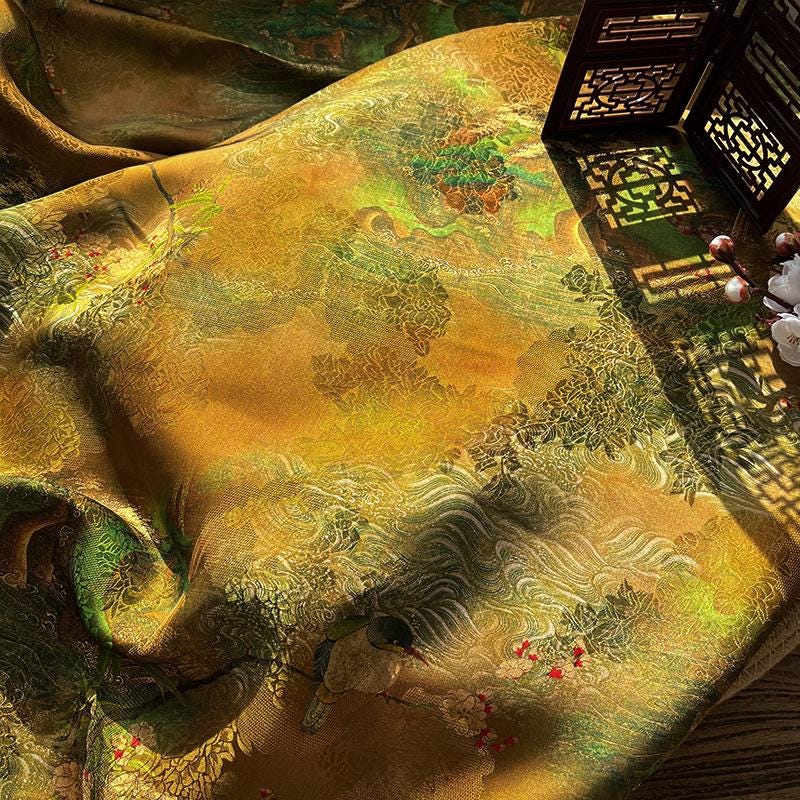 Rayon Silk Jacquard Xiangyun Fabric ��� Emerald Gold Feather Handwoven Textile for Dress, Cheongsam, DIY Sewing, Costume Fabr" Wide