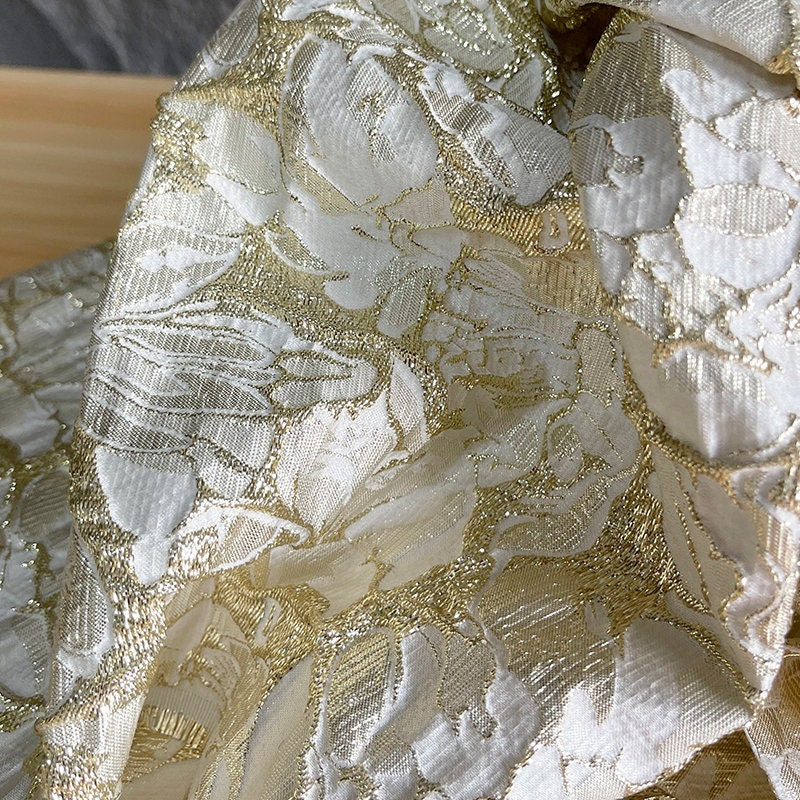 Gold Embossed Jacquard Fabric: 53"W Floral Upholstery Fabric
