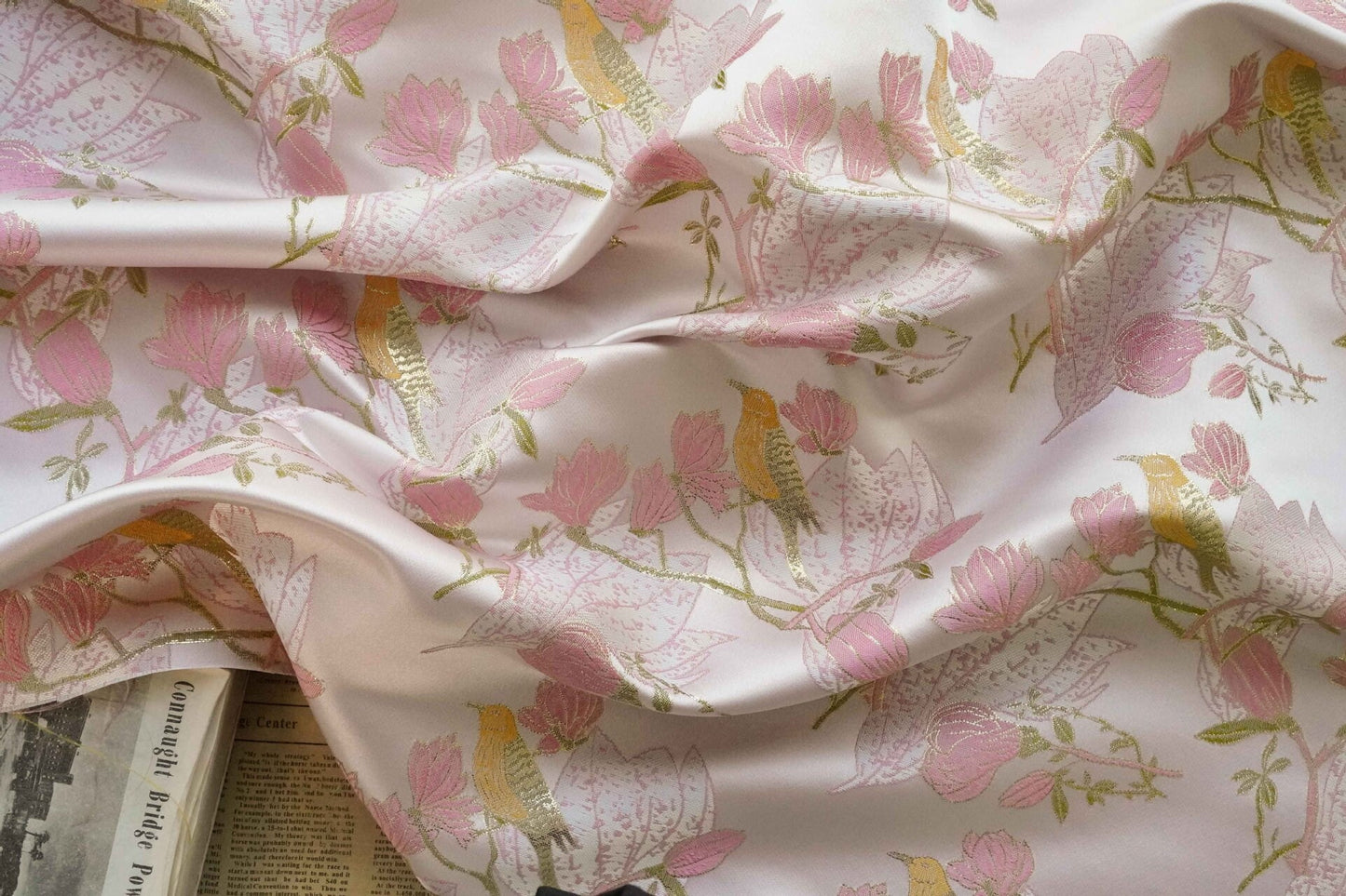 Pink & Gold Bird Brocade Fabric: 59"W Silk Rayon Blend
