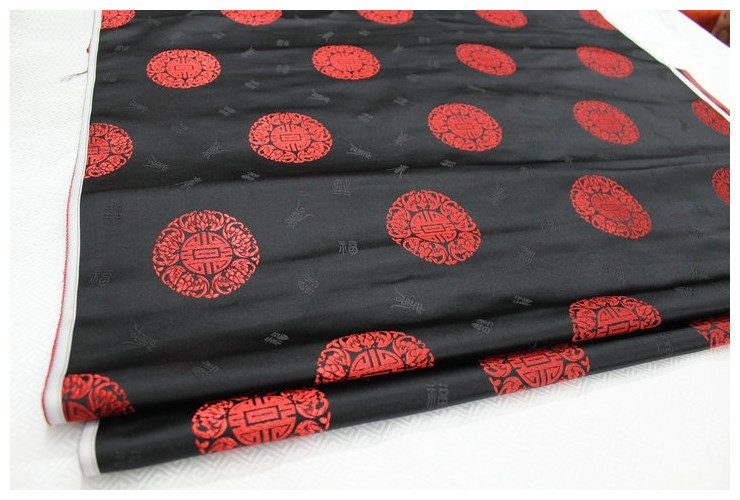 Floral Brocade Jacquard Satin Fabric with Chinese Fu Symbol