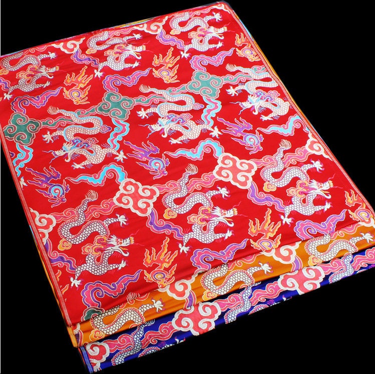 Gold Chinese Dragon Fabric: Silk Rayon Brocade, 29"W, Sewing Upholstery