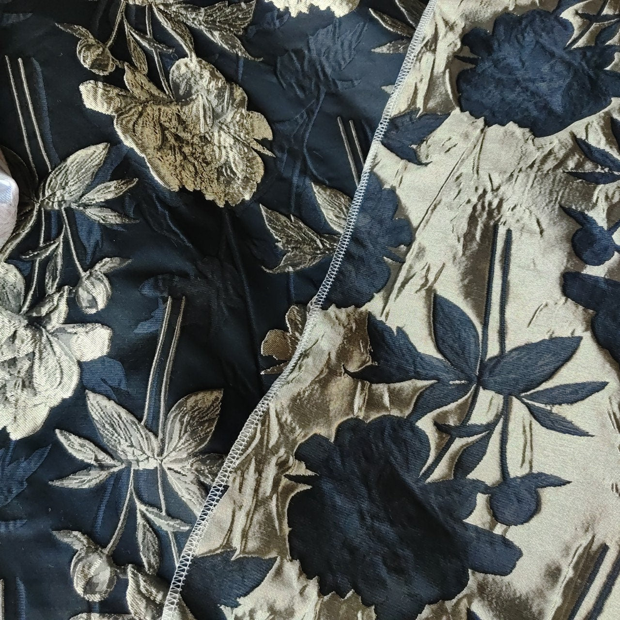 Reversible Floral Jacquard Fabric: Gold Thread, 3D Embossed - 62"W