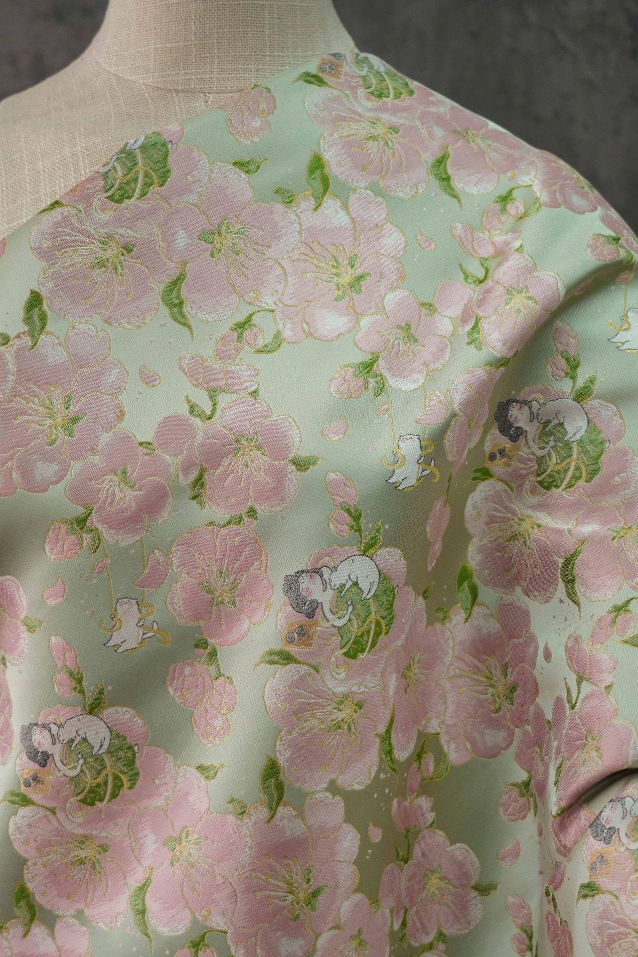 Peach Blossom Brocade Fabric: Floral Jacquard, 58"W Chinese Wedding Material
