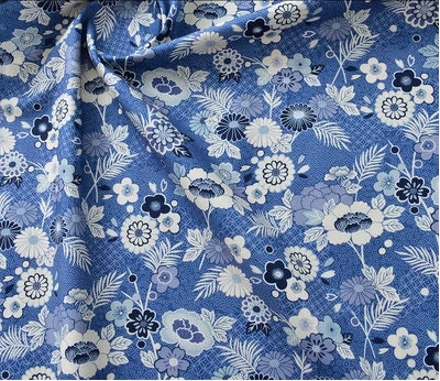 Japanese Blue Cotton Fabric: Floral Print Sewing Material