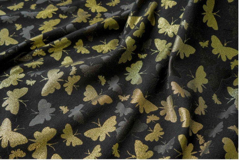 Gold Butterfly Jacquard Fabric: Embossed Woven Upholstery, Costume, Curtain, Bag, Dress (55"W)