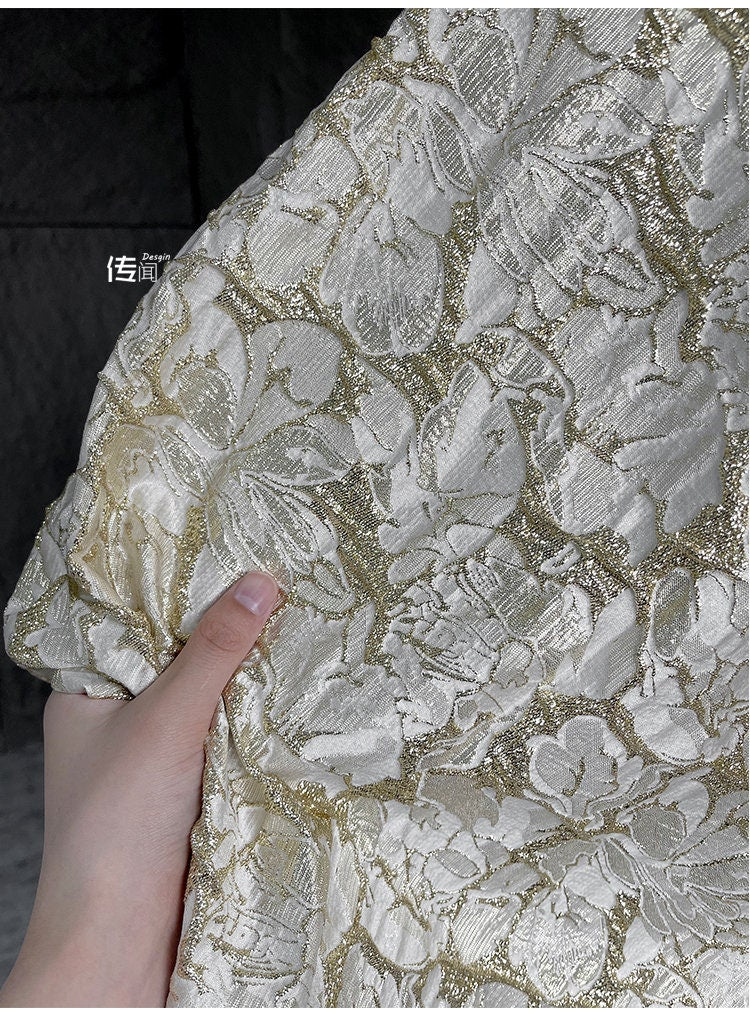 Gold Embossed Jacquard Fabric: 53"W Floral Upholstery Fabric