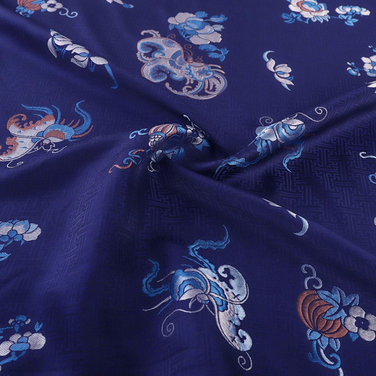 Navy Butterfly Brocade Fabric: 55"W Silk Rayon Blend