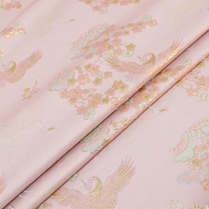 Gold Thread Jacquard Fabric: Floral Crane Design, 59" Wide