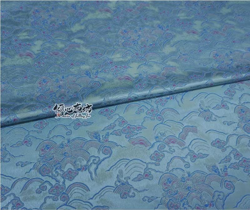 Aqua Blue Brocade Fabric: Sea of Clouds & Waves, 29.5"W