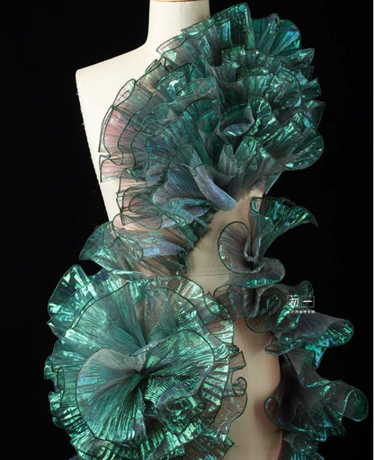 Tissu organza à volants 3D : Matière pour robe de créateur bicolore