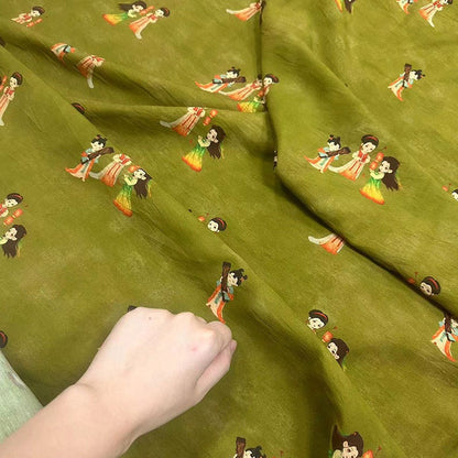 Avocado Green Tencel Ramie Fabric: Oriental Maid Print, Sewing Material