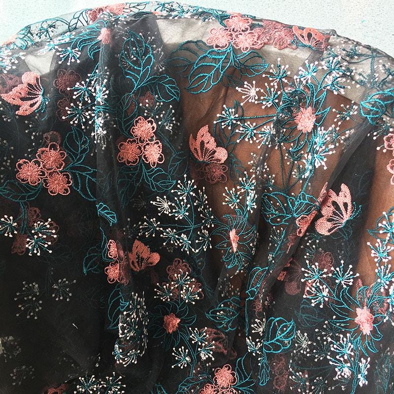 Cherry Blossom Embroidered Lace Fabric ��� Floral Nylon Me" Wide