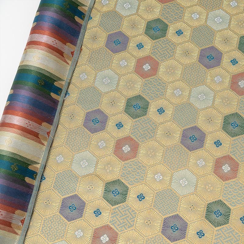 Tissu brocart japonais Nishijin : Damas de soie jacquard or à motif écaille de tortue