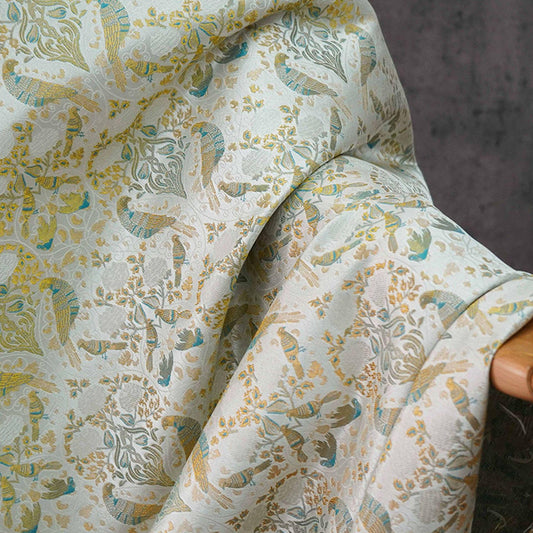 Gold Floral Bird Fabric: 58"W Rayon Blend Upholstery & Drapery