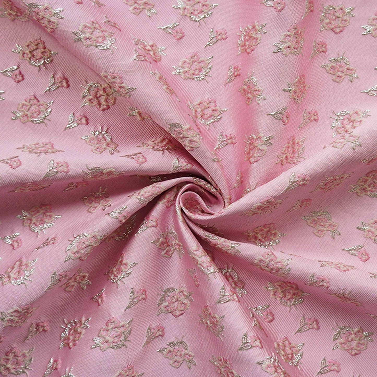 Pink Floral Jacquard Fabric: Gold Thread Brocade, Luxury Dressmaking Fabric