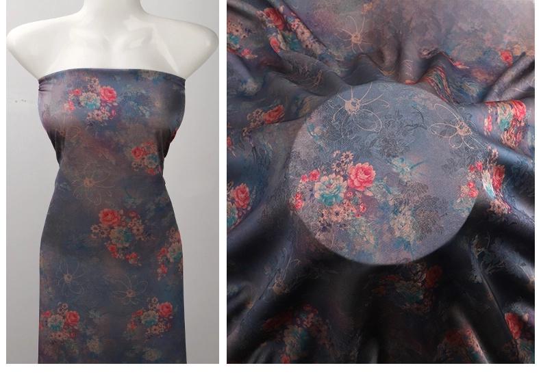Tissu satiné imprimé à motifs floraux : mélange de rayonne style vintage, 150 cm de large