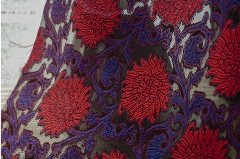 Floral Jacquard Fabric: 3D Oil Painting Texture, Gold Thread (55" W By 1 Meter)