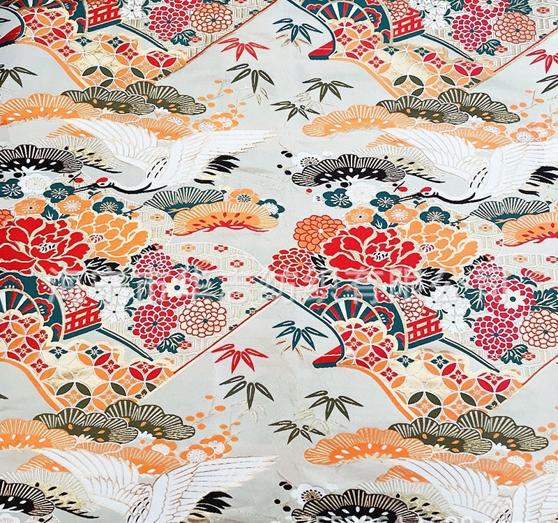 Japanese Crane Jacquard Satin Fabric: Birds & Floral Upholstery, Costume Sewing