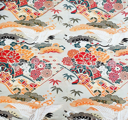 Japanese Crane Jacquard Satin Fabric: Birds & Floral Upholstery, Costume Sewing