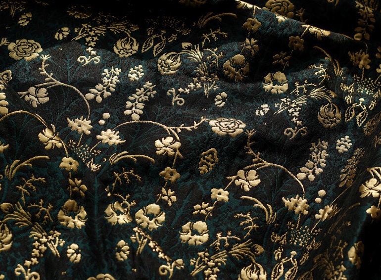 Vintage Dark Green Floral Jacquard Fabric: 3D Designer Upholstery, Costume - 57"W