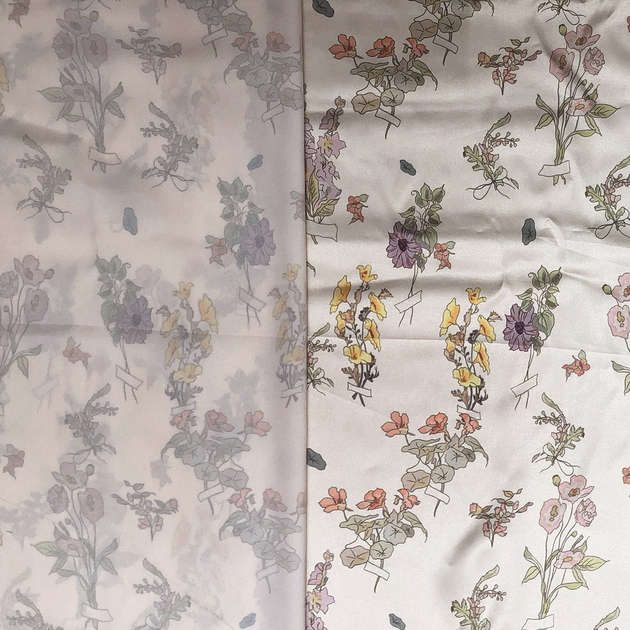 Floral Satin Fabric: Beige Soft Printed Polyester Spandex Blend, 59" Wide