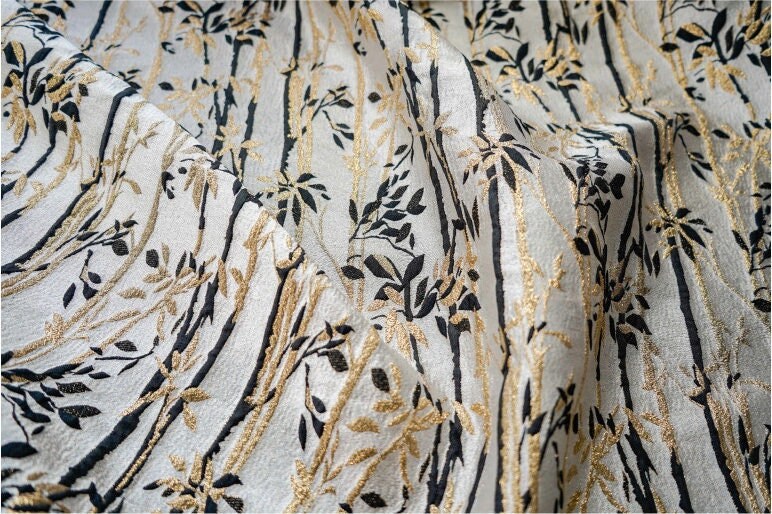 Gold Thread Bamboo Jacquard Fabric: 3D Designer Upholstery, 55" Wide