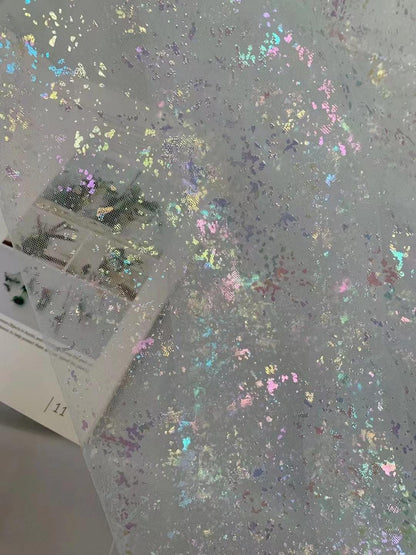Tissu en maille holographique rigide effet sirène ��� Tulle orné de feuilles métallisées pour robes DIY et décorations de fête, vendu au ya"Large