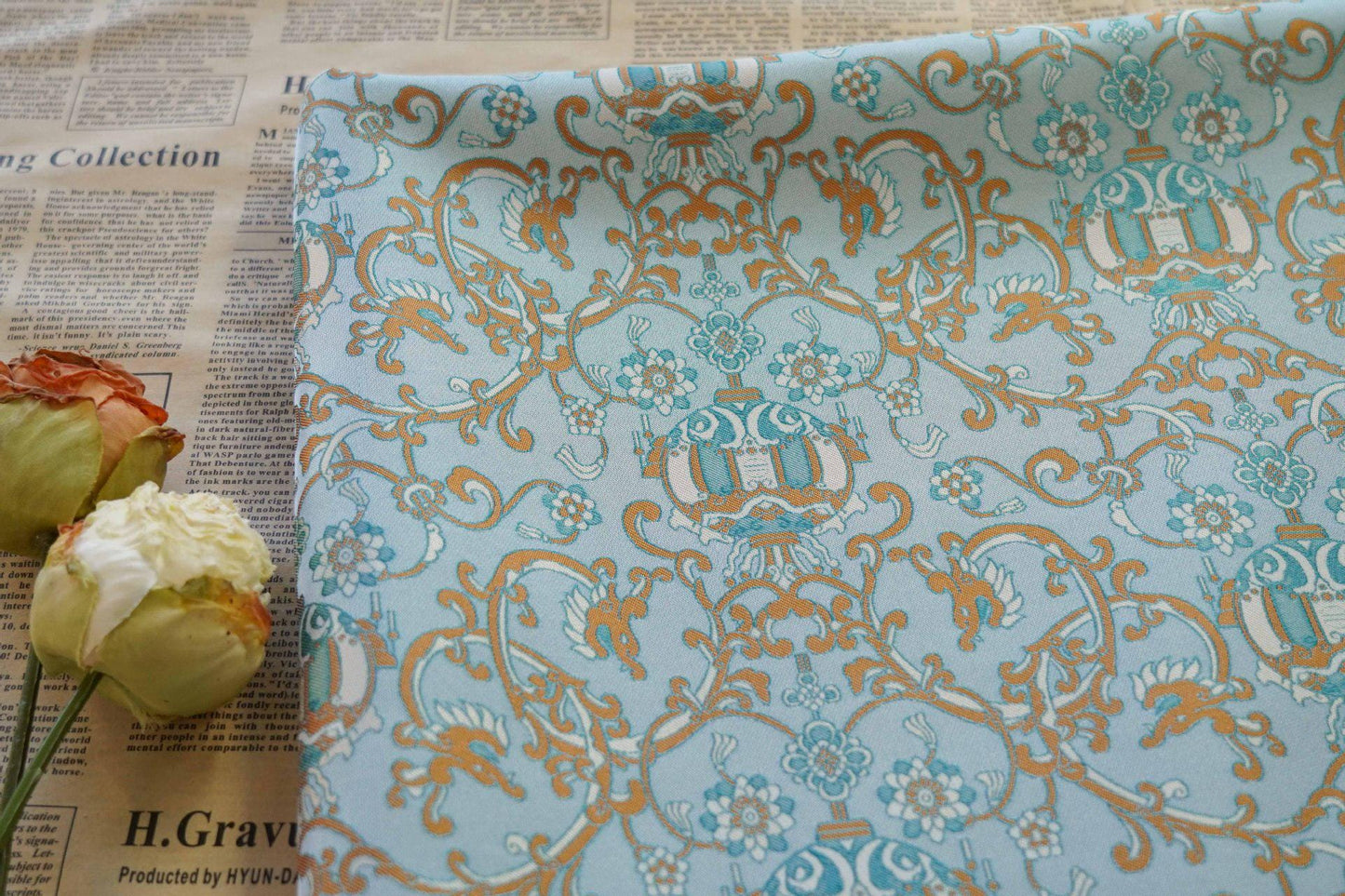Aqua Blue Jacquard Brocade Fabric: Floral Lantern Pattern, 59" Wide