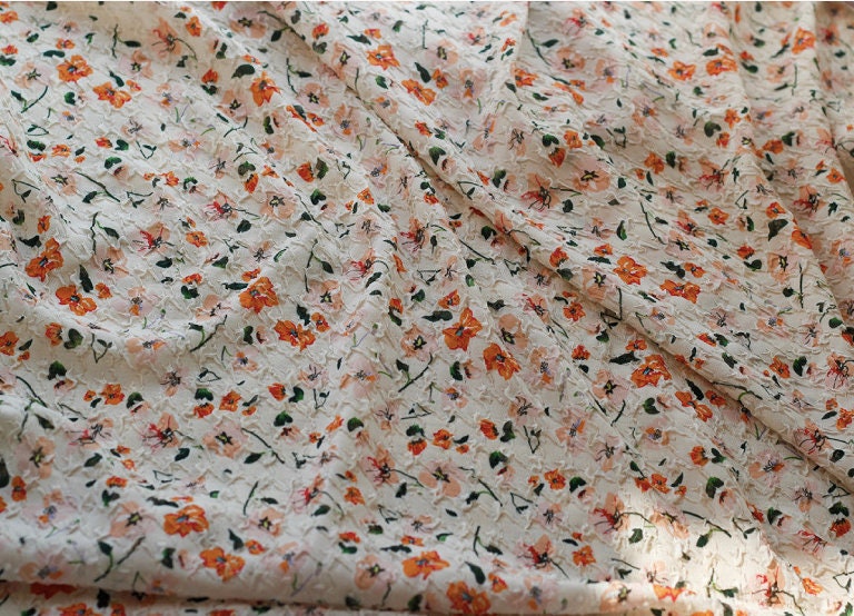 Floral Embossed Silk Chiffon Fabric: 53"W Bubble Crumpled Texture
