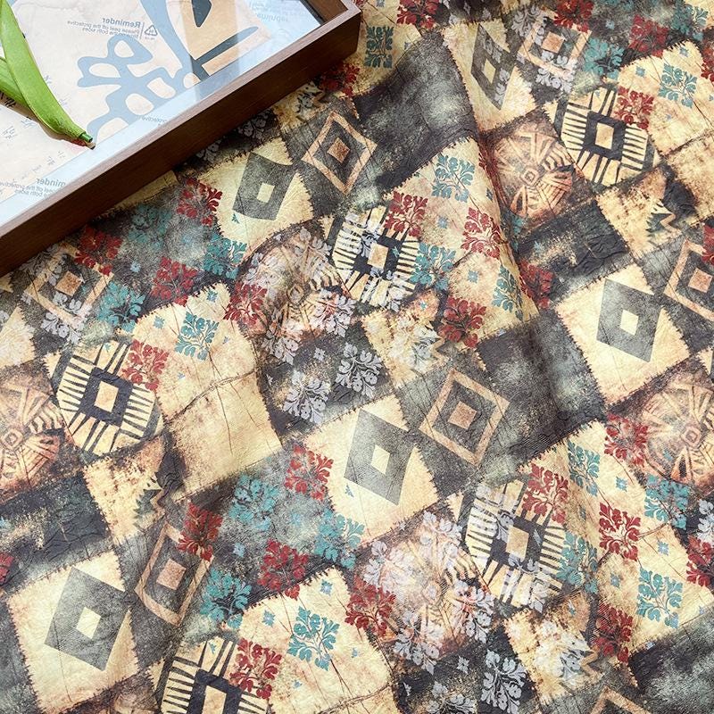 Tissu Tencel Ramie bohème : motif patchwork imprimé, 150 cm de large, vendu au mètre