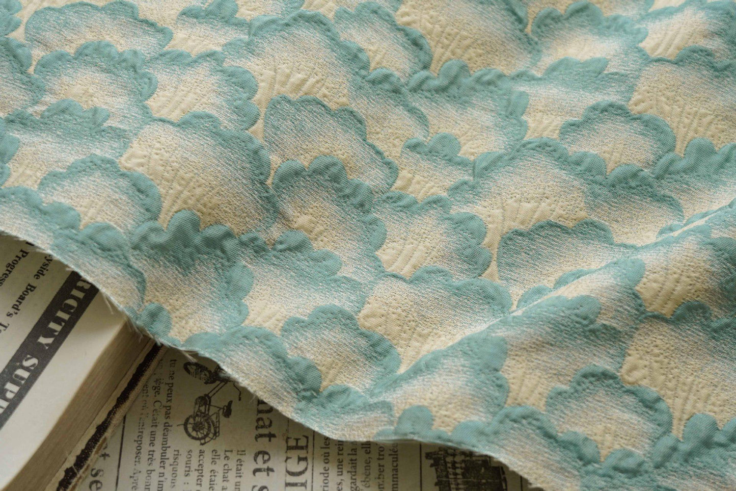 Elegant Embossed Geometric Fan Floral Textured Jacquard Fabric, 60" Wide