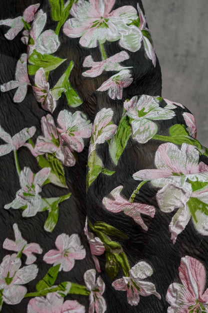 Black Embossed Floral Jacquard Fabric: Pink Flower Brocade, 55" Wide