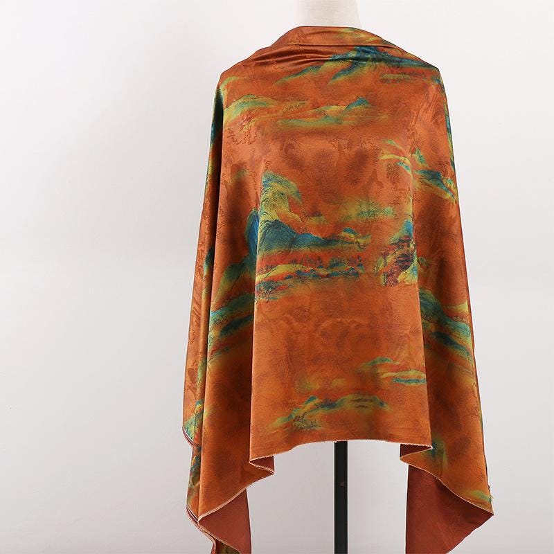 Mountain Print Tea Silk Satin Fabric: 59"W Upholstery & Costume