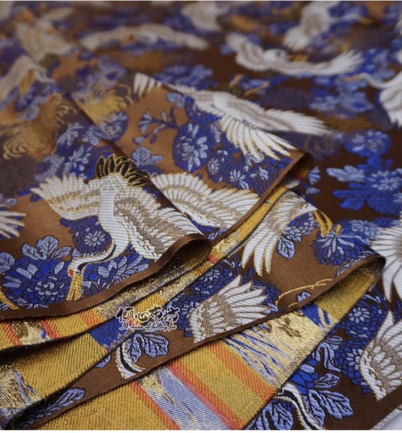 Crane Jacquard Satin Fabric: Japanese Brocade, Silver Grey, 29.5"W