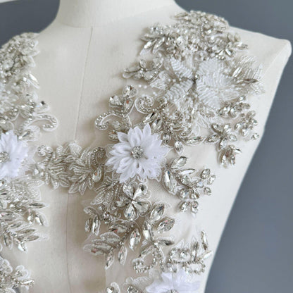 Hand Beaded Rhinestone Applique Patch: Bridal Lace Embroidery