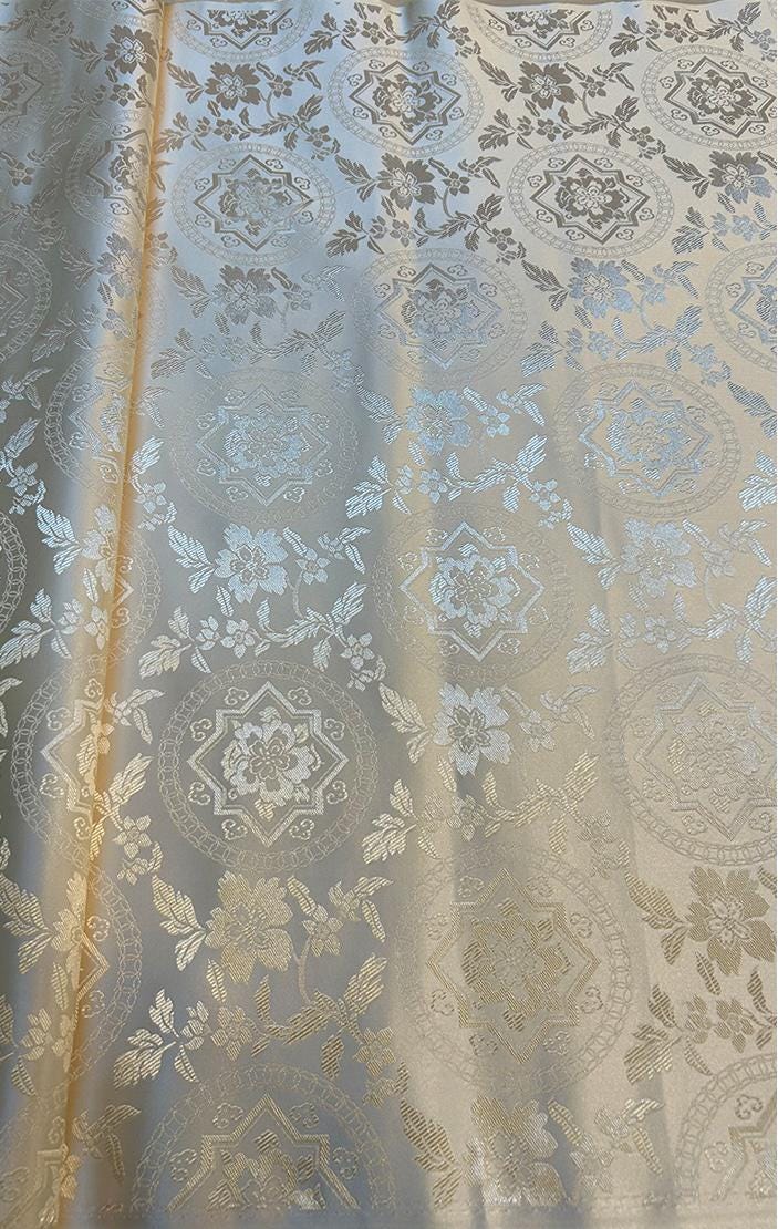 Milky White Silk Brocade Fabric: Metallic Dunhuang Pattern, 29.5" Wide